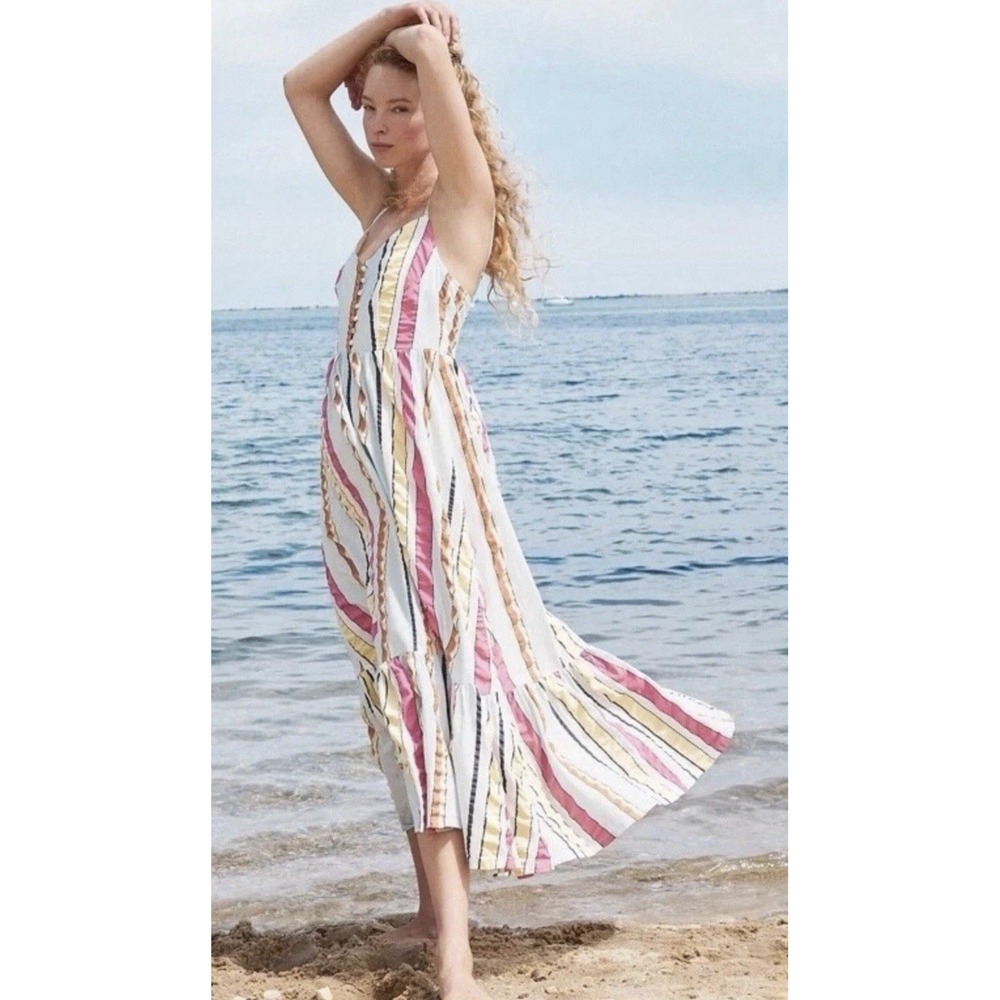 J Crew Size Tiered Midi Dress in Seersucker Candy Ribbons Stripe Size 10